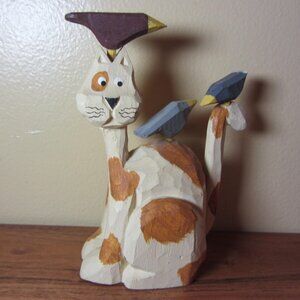 carved wood figurine cat & birds derek adams (W4455)